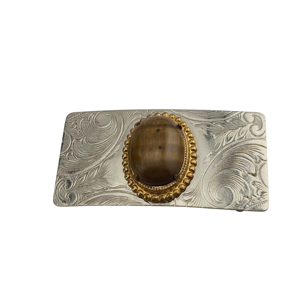 Vintage Nickel Silver Belt Buckle Tiger Eye Western Floral Scroll